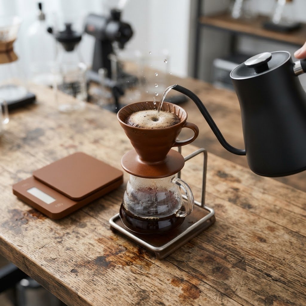 V60 pour-over with gooseneck kettle mid-pour, coffee scale visible, weathered oak surface