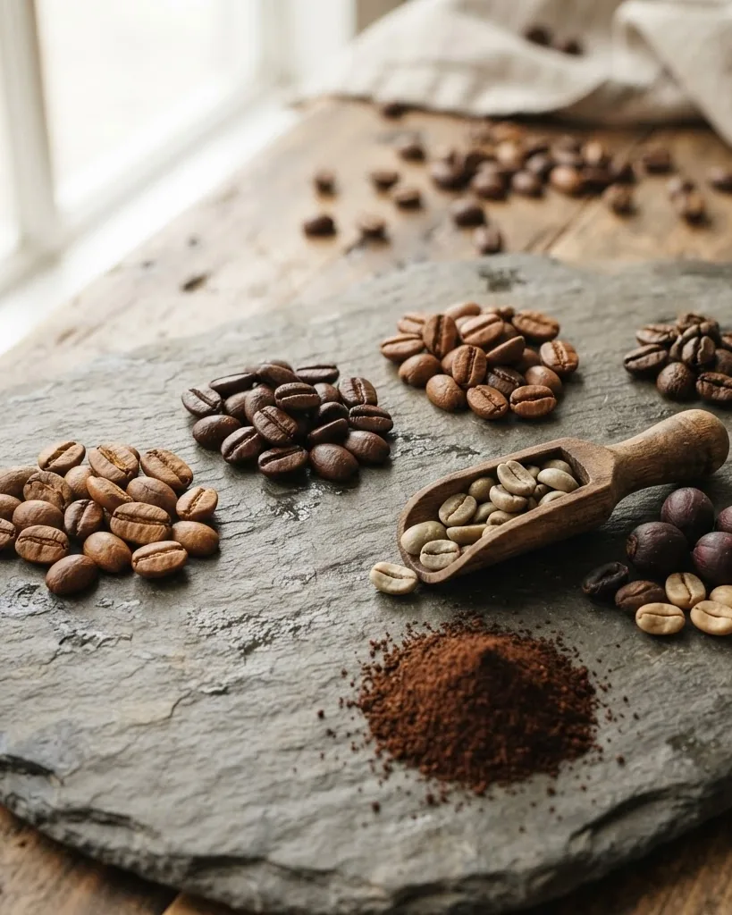 Close-up illustrating what the coffee bean menu covers, and what it does not
