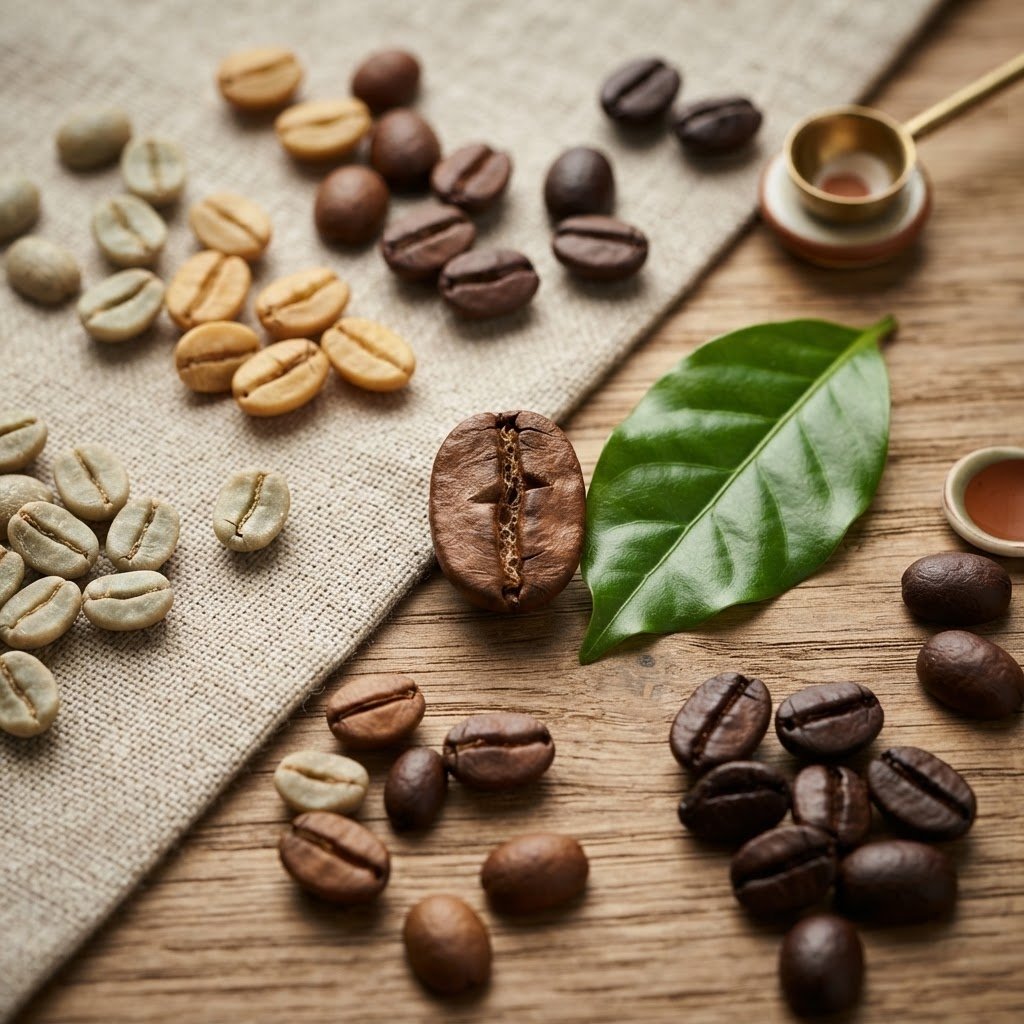 Ethiopian coffee beans light roast with flavor note card, country origin map, cut bean showing density