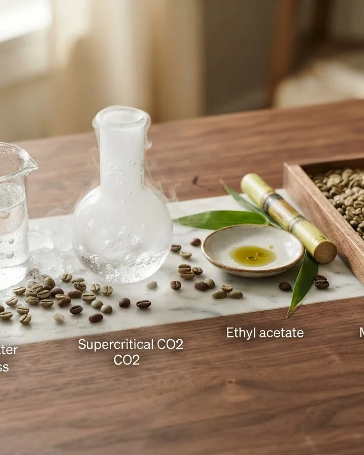 Detail view of the four decaffeination methods, compared