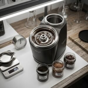 Burr grinder with conical burrs visible, precision scale, grind consistency samples in labeled jars