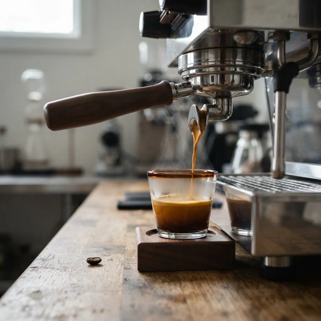 Espresso shot pulling into glass demitasse with golden crema, precision scale in foreground on weathered oak