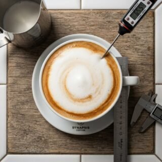 Cappuccino cup with thick dry microfoam, espresso layer visible, measurement markers, milk pitcher