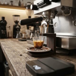 Espresso shot pulling into glass demitasse with golden crema, precision scale in foreground on weathered oak