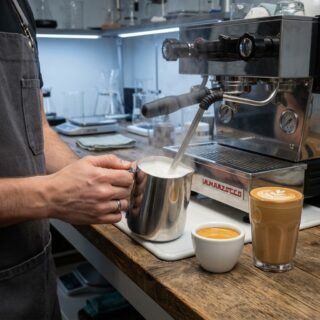 Latte cup with latte art, milk pitcher mid-steam, espresso machine steam wand visible