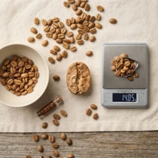 Light roast coffee beans in ceramic bowl with measuring scale, cream linen surface
