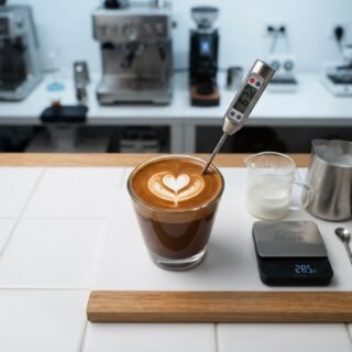 Macchiato espresso shot marked with small amount of steamed milk and foam in glass cup