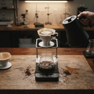 Hario V60 pour-over with gooseneck kettle mid-pour, coffee scale visible, weathered oak surface