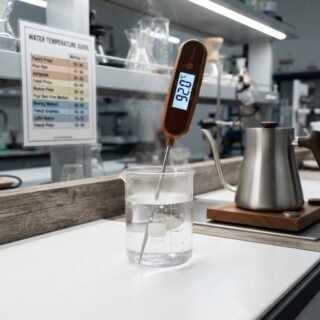 Digital thermometer reading 92°C in hot water beaker with gooseneck kettle on lab-grade surface