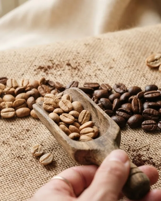 Close-up illustrating what is a light roast coffee on the roast ladder?
