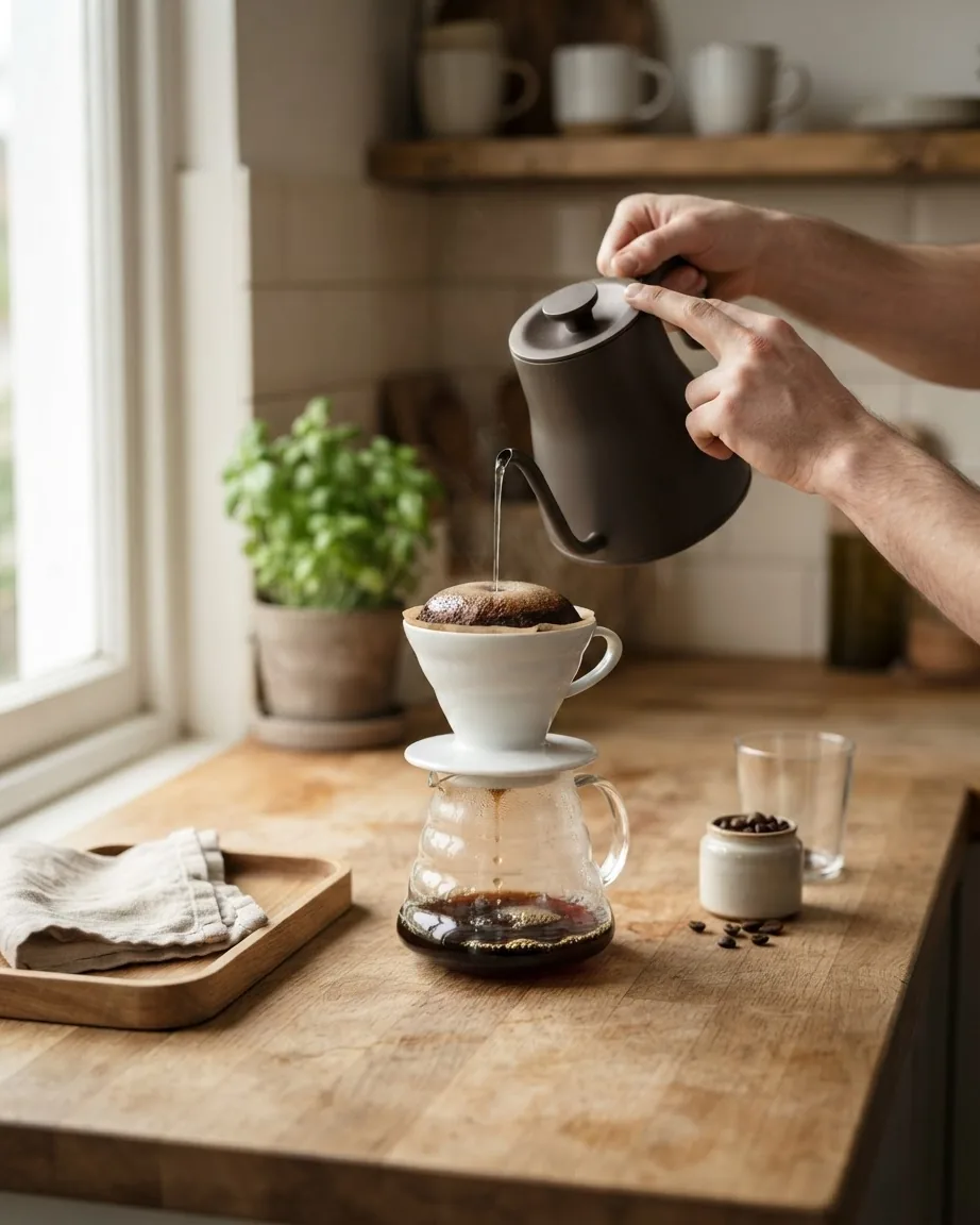 Hands pour water from a black gooseneck kettle over coffee grounds in a ceramic dripper on a glass carafe.