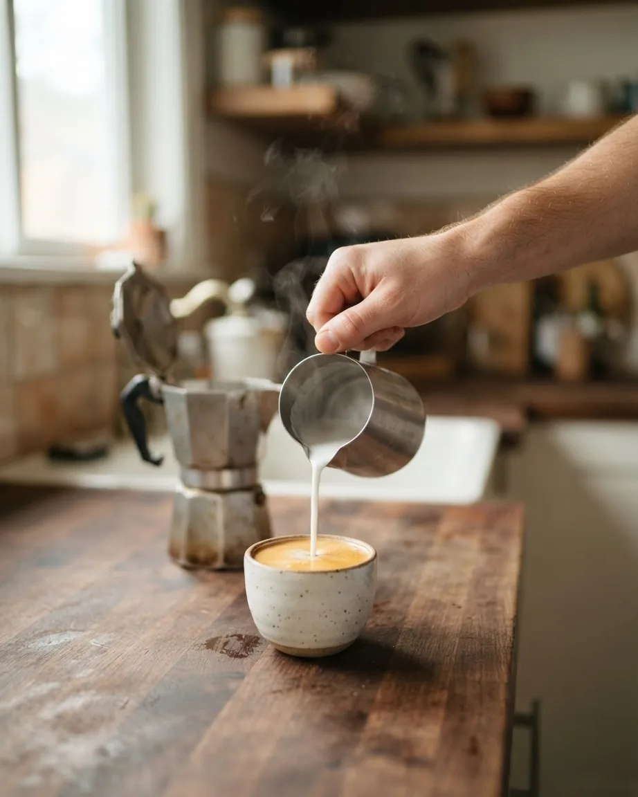 A hand pours steamed milk from a metal pitcher into a small ceramic coffee cup beside a moka pot on a wooden counter.