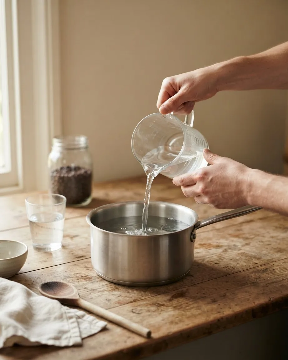 Hands pour water from a glass jug into a stainless steel saucepan on a wooden table beside coffee beans.