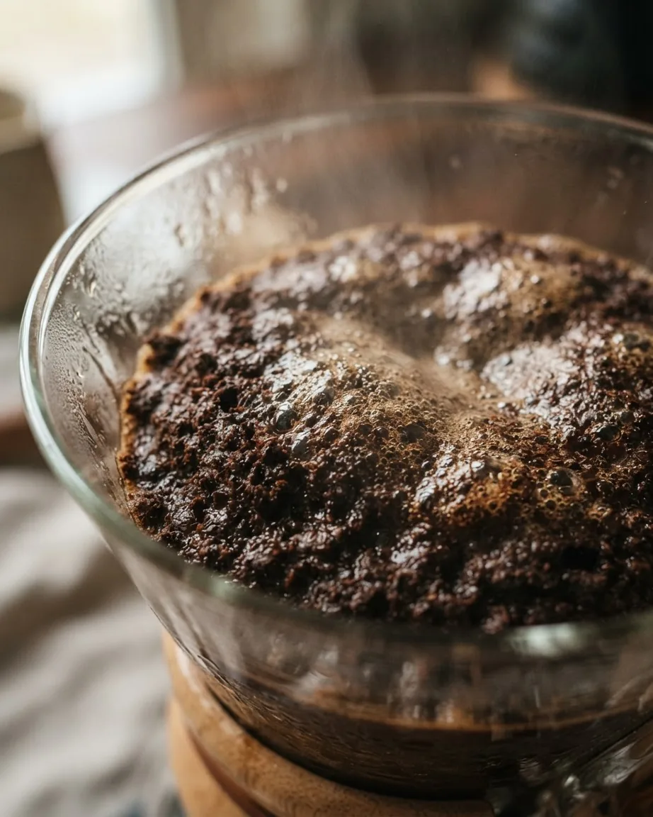 Dark coffee grounds swell into a bubbly dome inside a glass brewer, with steam rising above the wet surface.