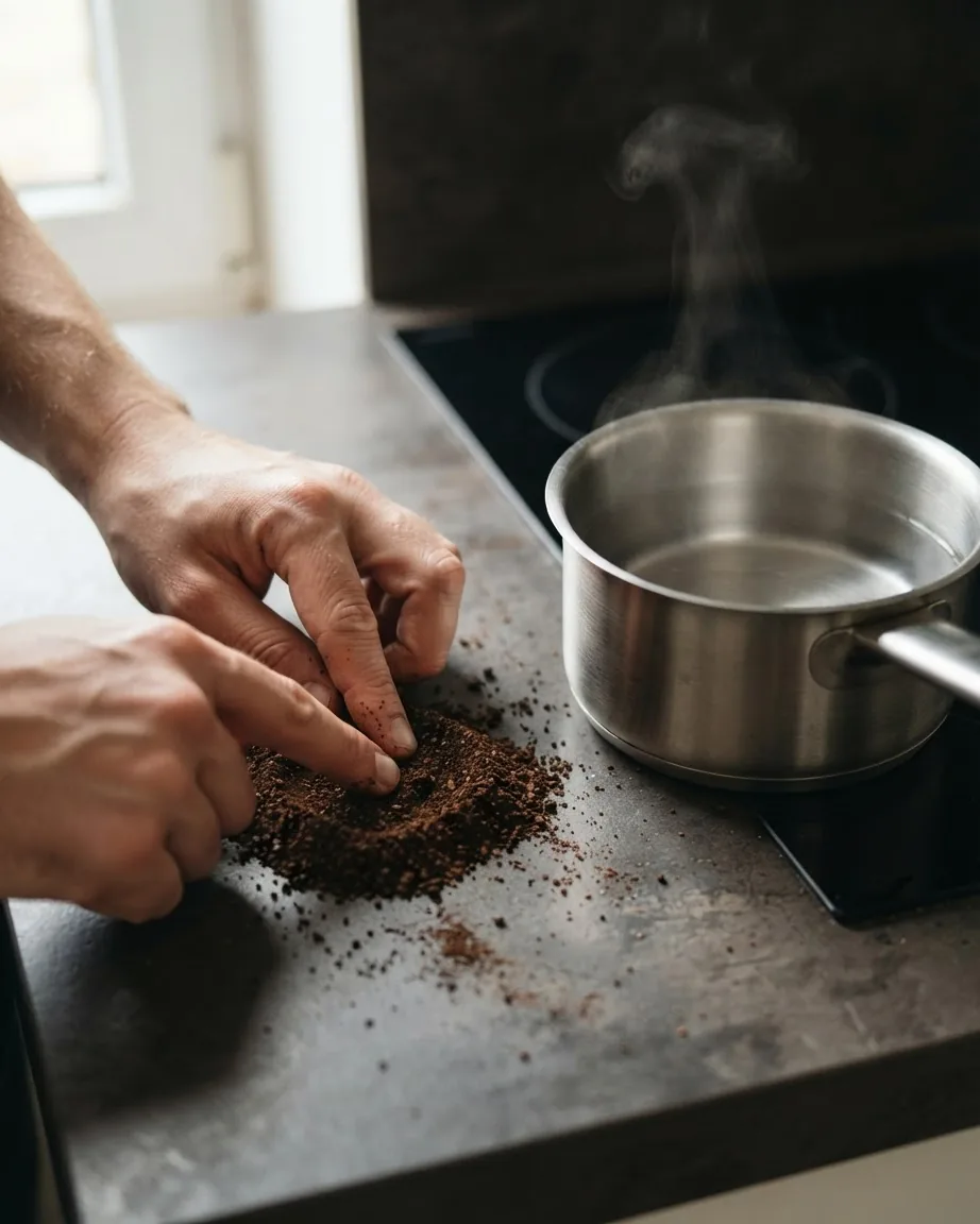 Hands pinch a pile of ground coffee on a kitchen counter beside a steaming stainless steel saucepan.