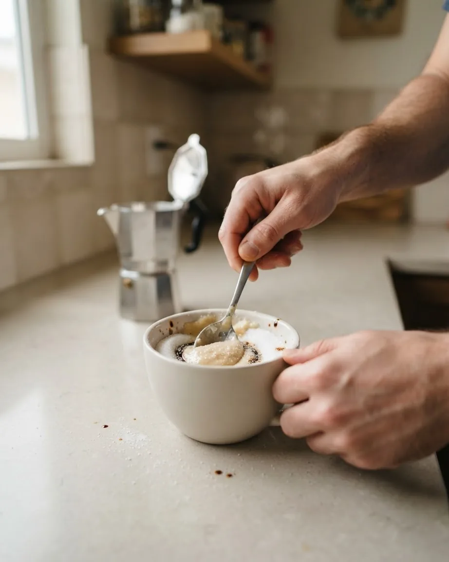 Two hands stir a thick, pale sugar and coffee paste in a white cup, with an open moka pot behind it.
