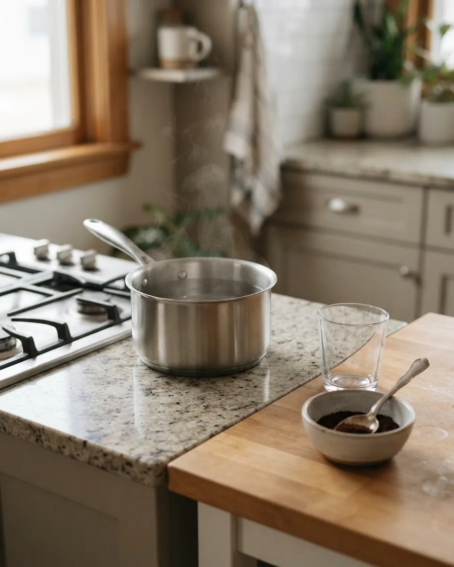 A steaming stainless steel saucepan rests on a kitchen counter beside a glass and a bowl of coffee grounds with a spoon.