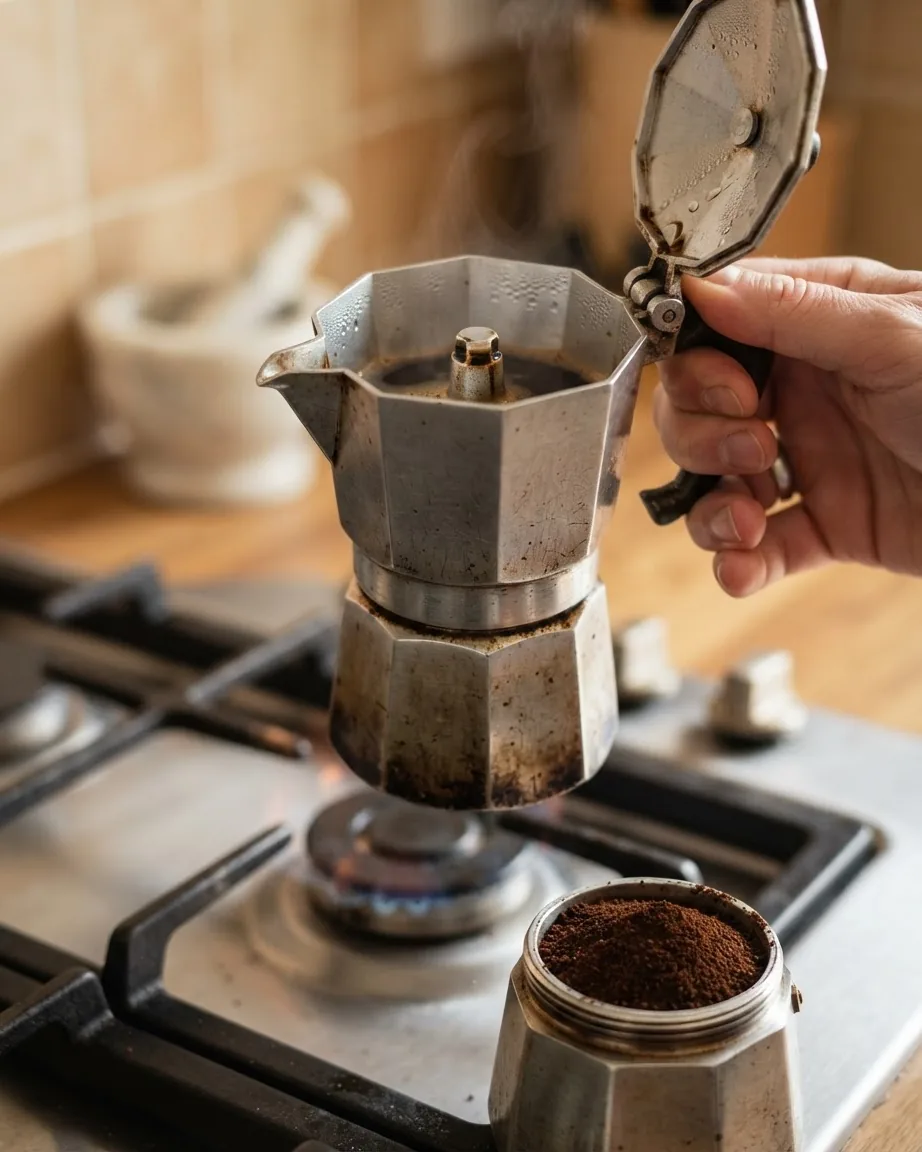 A hand holds open a metal moka pot above a gas burner, with a basket of finely ground coffee in the foreground.