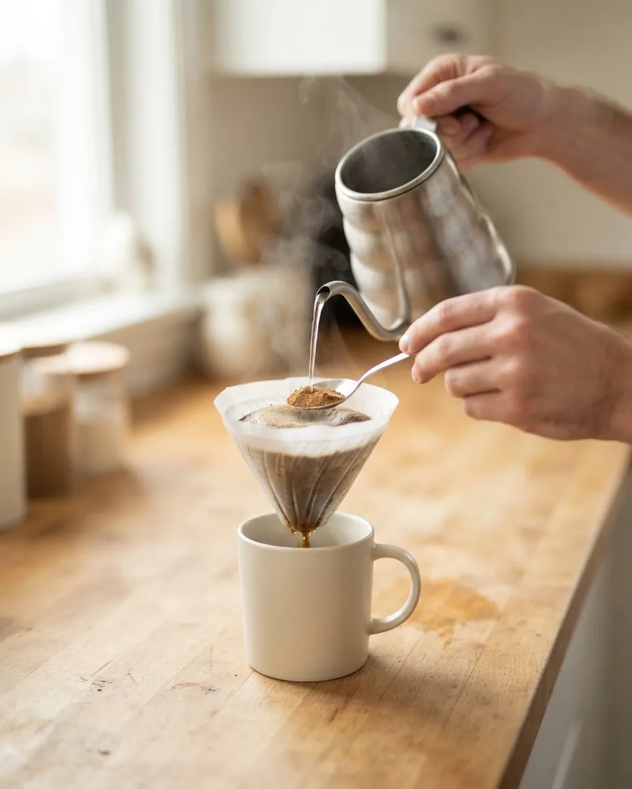 Hands pour hot water from a metal kettle over coffee grounds in a paper filter above a white mug on a wooden counter.
