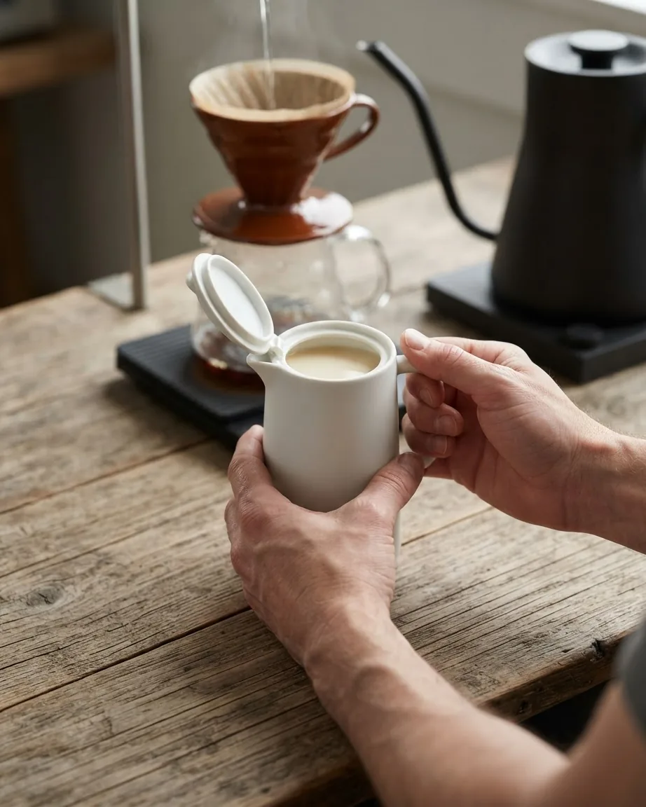 Hands hold an open white creamer pitcher over a wooden table beside a pour-over coffee dripper and black kettle.