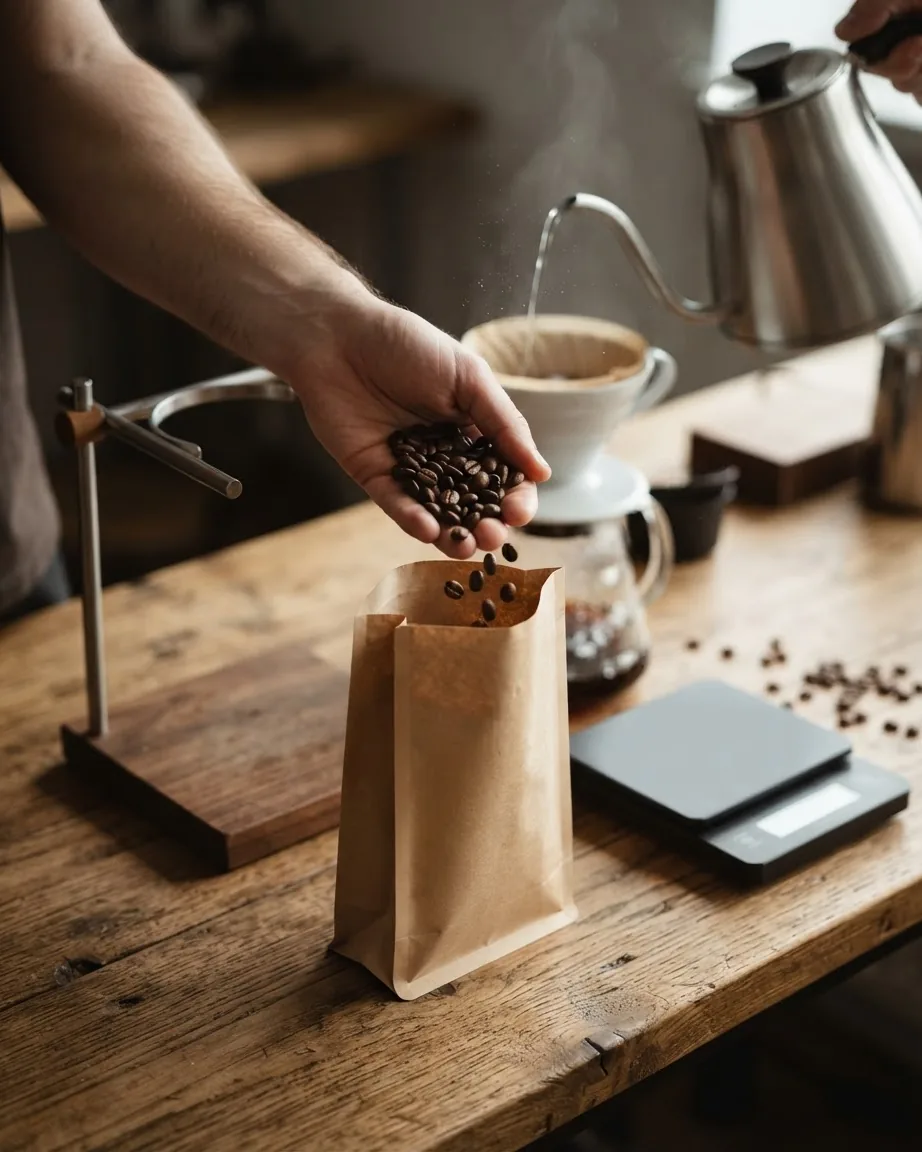 A hand drops roasted coffee beans into an unmarked brown paper bag beside a pour-over coffee setup.
