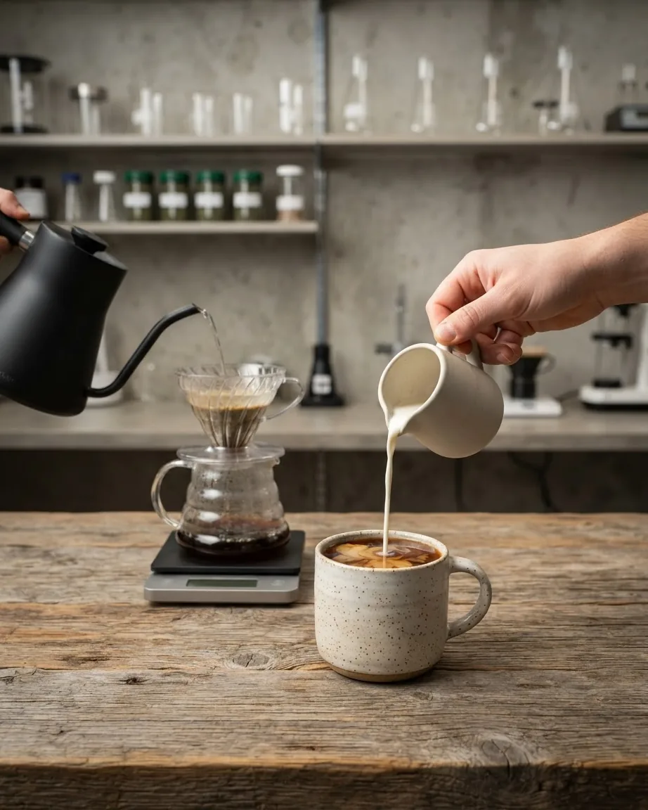 A hand pours creamer into a ceramic mug of coffee beside a pour-over dripper and kettle on a wooden counter.