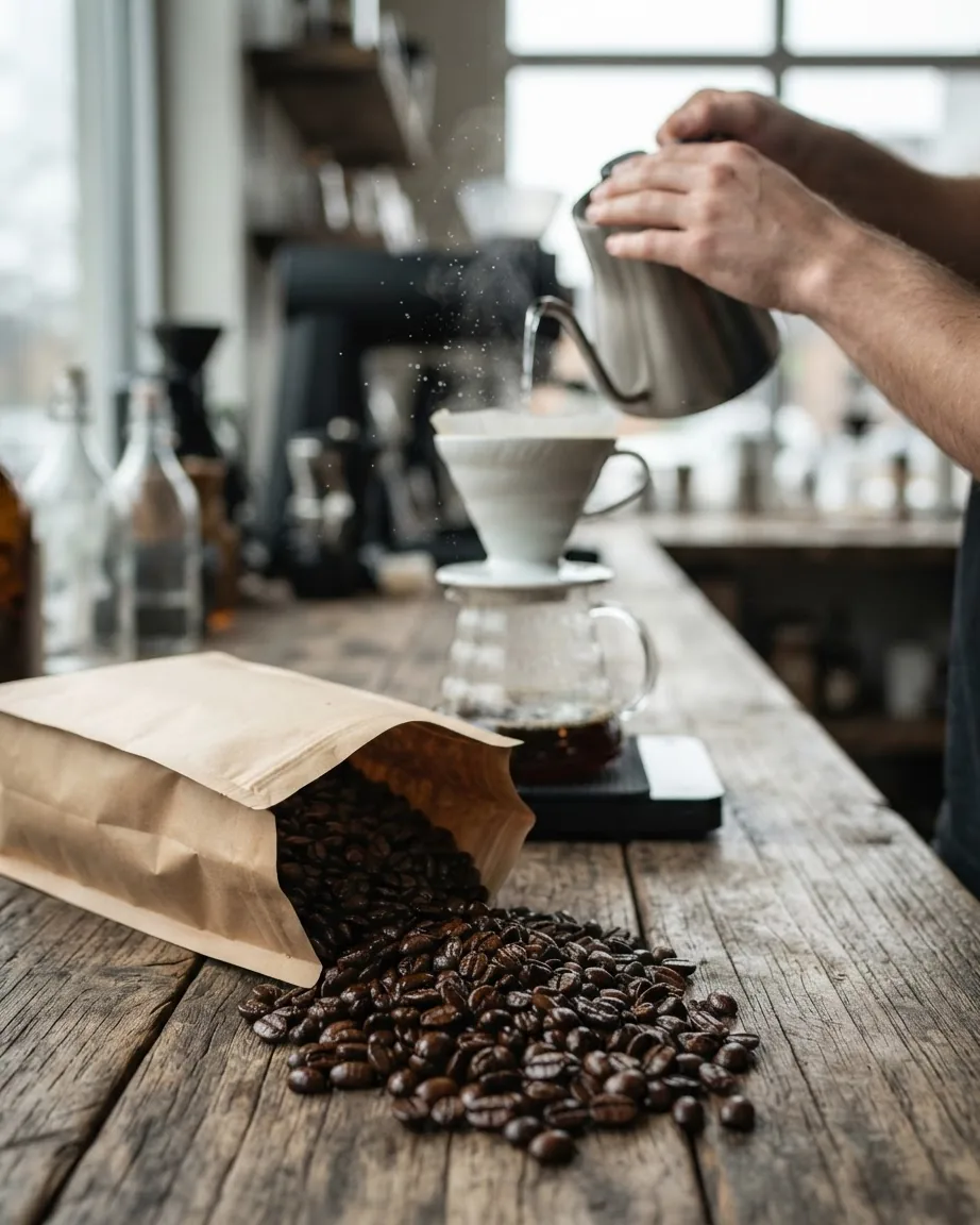 An open brown paper bag spills glossy roasted coffee beans onto a wooden counter beside a pour-over coffee brewer.