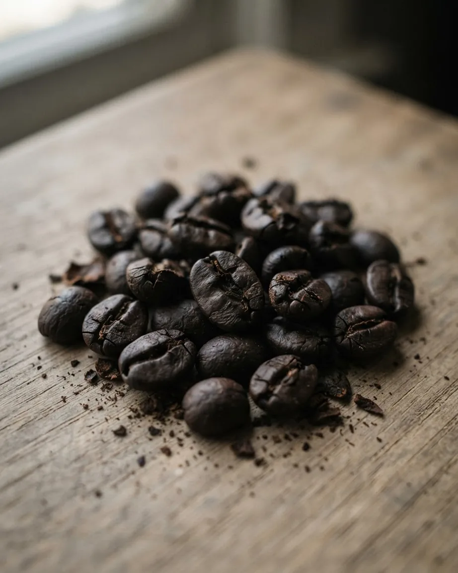 A pile of dark roasted coffee beans with cracked surfaces rests on a light wooden board scattered with crumbs.