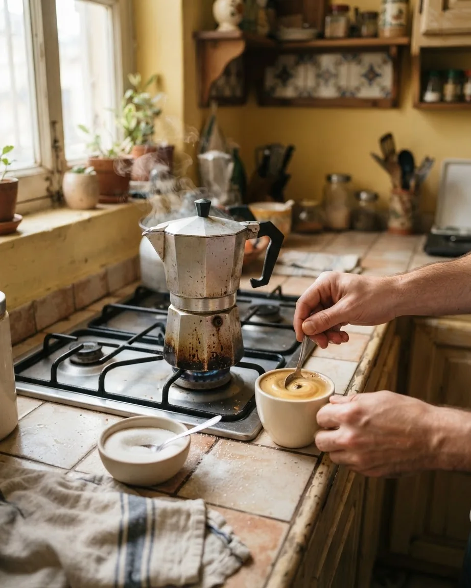 Hands stir a creamy coffee mixture in a ceramic cup beside a steaming moka pot on a rustic kitchen stove.