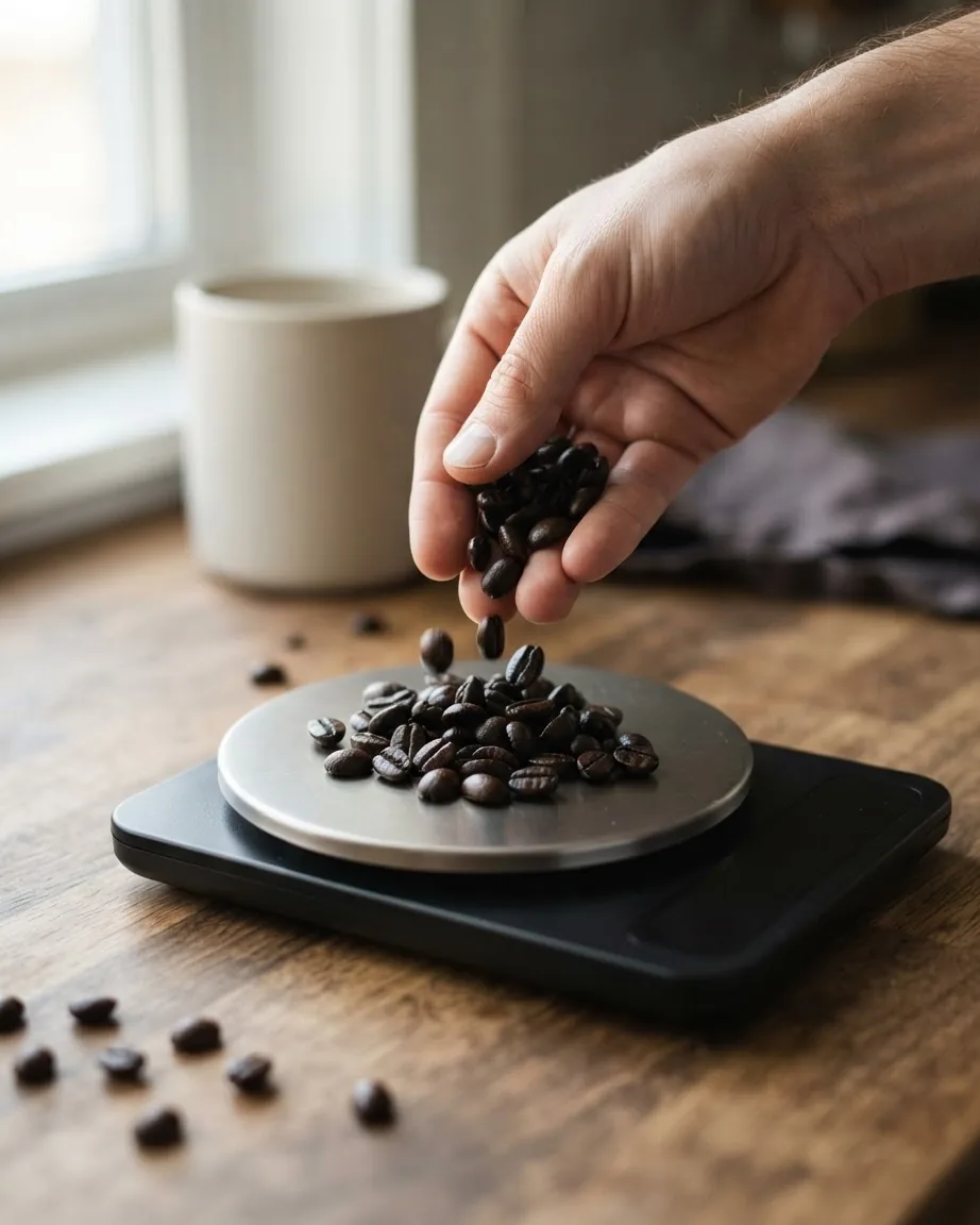 A hand drops dark roasted coffee beans onto a digital kitchen scale on a wooden countertop beside a mug.